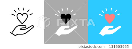 Color and monochrome icons of hands holding hearts 131603965