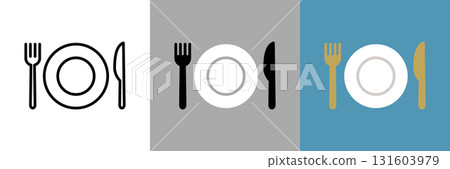 盤子、刀叉顏色和單色圖標 盤子、刀叉顏色和單色圖標 131603979