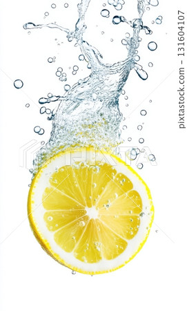 Refreshing scene with lemon, bubbles and water in motion, perfect for drink advertisements. 131604107