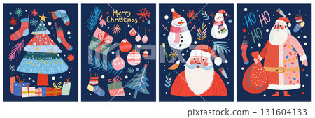 A set of four Christmas illustrations featuring Santa Claus, a Christmas tree, gifts, snowmen, socks, and snowflakes on a dark blue background. This flat cartoon vector design is perfect for a poster 131604133