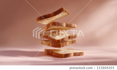 Levitating toast slices captured in mid-air with surreal minimalism and dramatic shadows, perfect for abstract food concepts or artistic visual metaphors 131604203