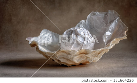 Symbolic macro image of a crumpled paper ball nestled in an oyster shell like a pearl, exploring artistic contrast and conceptual surrealism 131604226