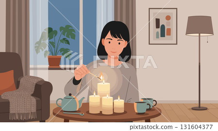 Young woman lighting candles at home in the evening Young woman lighting candles at home in the evening 131604377