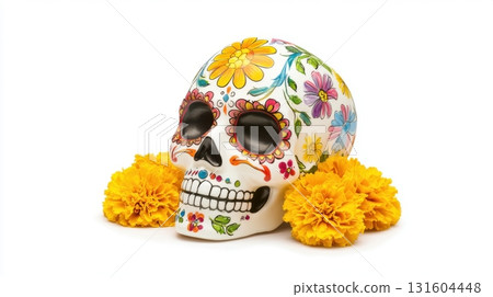 Bright ceramic skull with floral accents perfect for Day of the Dead designs and celebrations 131604448