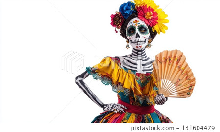 Female skeleton doll in celebration costume with vivid details and cultural symbolism 131604479