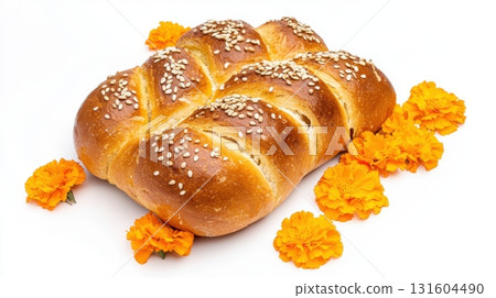 Pan de muerto on white, a cultural culinary symbol of remembrance for Mexican holiday themes 131604490