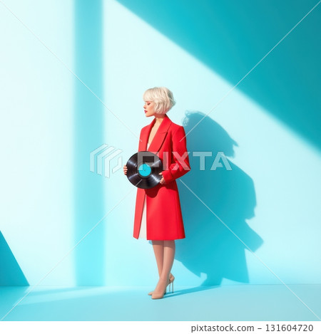 Artistic vinyl-themed photography with retro aesthetics and striking color contrasts, ideal for music branding, posters, and collectible art projects 131604720