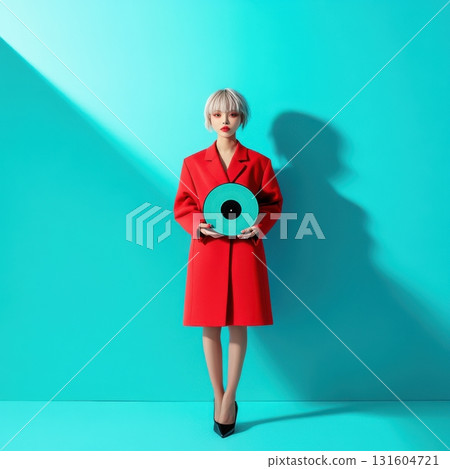 Conceptual portrait of a young woman in a bold red coat holding a vinyl record, minimalist pastel setting with geometric shadows, perfect for album cover design 131604721