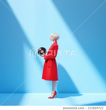 Young Woman in Structured Red Coat Holding Vinyl Record in Minimalist Pastel Blue Room with Geometric Shadows, Conceptual Photography for Album Cover or Poster Design 131604722