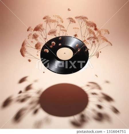 Dreamy peach-toned background with floating record and flowers, ideal for collectible vinyl-inspired art and modern design projects Dreamy peach-toned background with floating record and flowers, ideal for collectible vinyl-inspired art and modern design projects 131604751