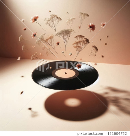 Minimalist artistic composition featuring black vinyl and delicate florals, designed for editorial, poster, and conceptual photography projects 131604752