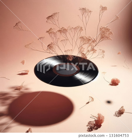 Surreal still life with floating vinyl and dried flowers, soft peach background, perfect for music branding, album covers, and artistic wall decor 131604753
