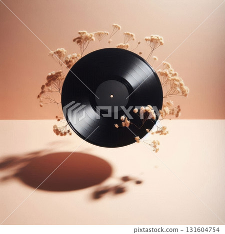 Surreal Minimalist Still Life of Floating Black Vinyl Surrounded by Dried Flowers on Soft Peach Background, Artistic Photography for Album Covers 131604754