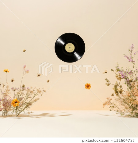 Dreamy peach-toned background with floating record and flowers, ideal for collectible vinyl-inspired art and modern design projects Dreamy peach-toned background with floating record and flowers, ideal for collectible vinyl-inspired art and modern design projects 131604755