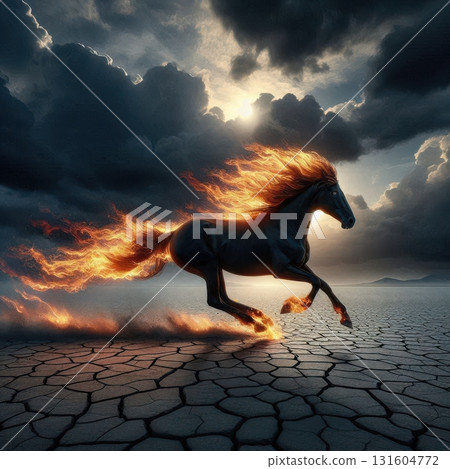 Dramatic close-up of a black horses eye with vivid flames reflected, symbolizing the strength of the 2026 Fire Horse Dramatic close-up of a black horses eye with vivid flames reflected, symbolizing the strength of the 2026 Fire Horse 131604772