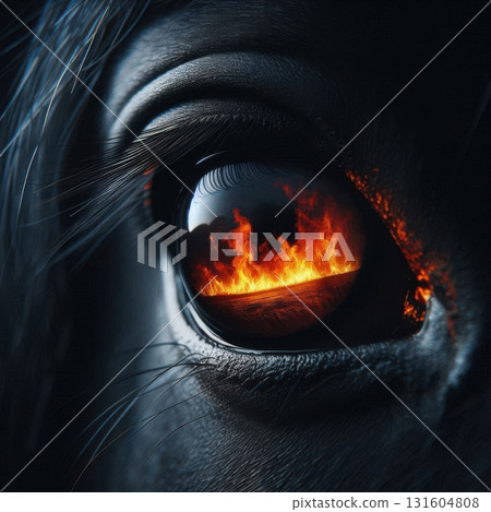Dramatic close-up of a black horses eye with vivid flames reflected, symbolizing the strength of the 2026 Fire Horse 131604808