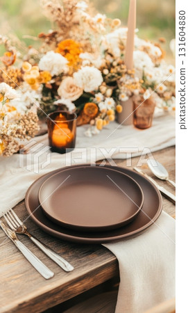 Elegant brown wedding decor with minimalist style and earthy palette for a warm and stylish reception. 131604880