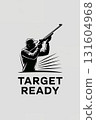 A modern, minimalistic logo featuring a stark silhouette of a sportsman in mid-action, holding a rifle gun aimed upwards. 131604968