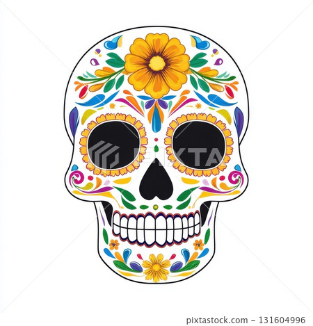 Colorful sugar skull illustration with floral patterns, perfect for Dia de los Muertos designs and decorations. Colorful sugar skull illustration with floral patterns, perfect for Dia de los Muertos designs and decorations. 131604996