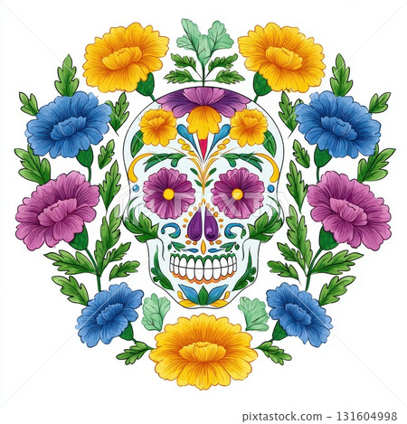 Decorative calavera artwork in bright colors, ideal for print and digital use. 131604998