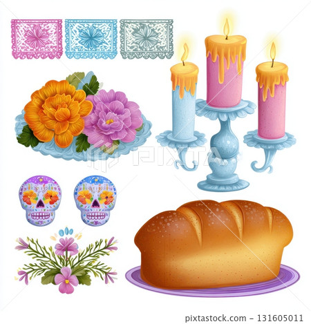 Colorful Dia de los Muertos altar elements isolated on white background. 131605011