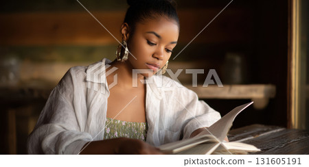Young Black Woman in Oversized Linen Shirt Reading a Novel at Rustic Cafe Table in Warm Golden Hour Light, Literary Lifestyle Photography 131605191