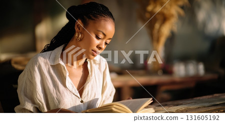 Young Black Woman in Oversized Linen Shirt Reading a Novel at Rustic Cafe Table in Warm Golden Hour Light, Literary Lifestyle Photography Young Black Woman in Oversized Linen Shirt Reading a Novel at Rustic Cafe Table in Warm Golden Hour Light, Literary Lifestyle Photography 131605192