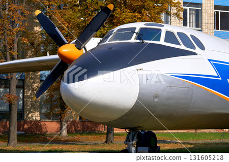 Aviation Institute.Old propeller driven passenger plane parked Aviation Institute.Old propeller driven passenger plane parked 131605218