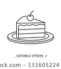 A slice of cake icon in a minimalist line style with editable stroke. Sweet dessert, birthday party food, bakery pastry, delicious confectionery, celebration piece with cherry. 131605224