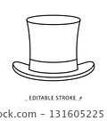 A classic top hat icon in a minimalist line style with editable stroke. Gentleman accessory, vintage fashion, magician show costume, retro formal headwear, man party wear concept. 131605225