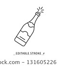 A champagne bottle icon in a minimalist line style with editable stroke. Celebration drink, party alcohol beverage, wedding event, new year sparkling wine, luxury anniversary toast. 131605226