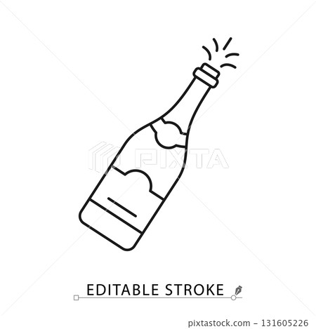 A champagne bottle icon in a minimalist line style with editable stroke. Celebration drink, party alcohol beverage, wedding event, new year sparkling wine, luxury anniversary toast. A champagne bottle icon in a minimalist line style with editable stroke. Celebration drink, party alcohol beverage, wedding event, new year sparkling wine, luxury anniversary toast. 131605226