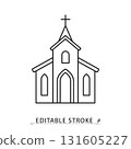A christian church icon in a minimalist line style with editable stroke. Religious building, faith chapel, spiritual worship, christianity architecture, god prayer, holy temple. 131605227