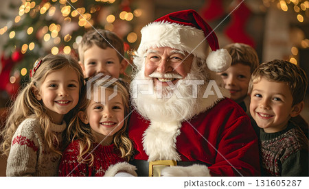 A scene with Santa Claus and smiling children 131605287