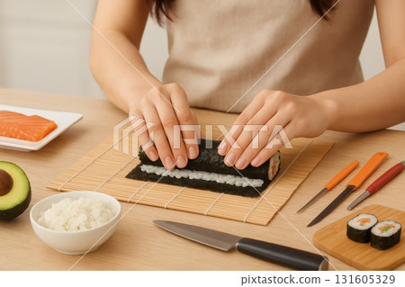 Woman rolling fresh salmon avocado sushi maki at home kitchen 131605329