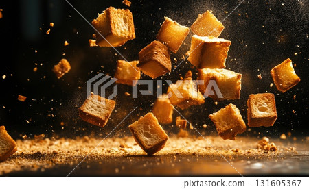 Explosive Burst Of Toasted Bread Cubes Explosive Burst Of Toasted Bread Cubes 131605367