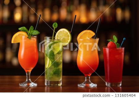 Vibrant tropical cocktails: orange, mojito, sunset, and strawberry delights on bar counter 131605404