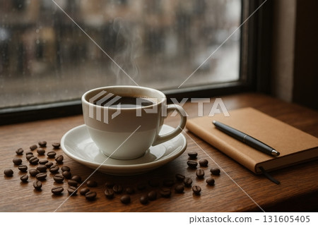 Cozy rainy morning: steaming black coffee with notebook and beans 131605405