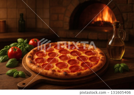 Rustic pepperoni pizza on wooden board by cozy brick oven 131605406