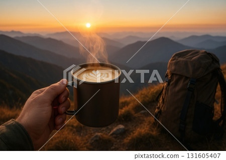Sunrise serenity: steaming latte over majestic mountains 131605407