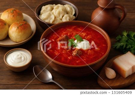 Traditional borscht soup with pelmeni, bread, and rustic garnishes 131605409