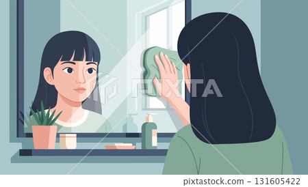 Young woman cleaning bathroom mirror Young woman cleaning bathroom mirror 131605422