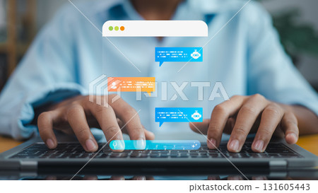 Artificial intelligence chatbot conversation on laptop computer, AI assistant technology for online communication and customer support 131605443