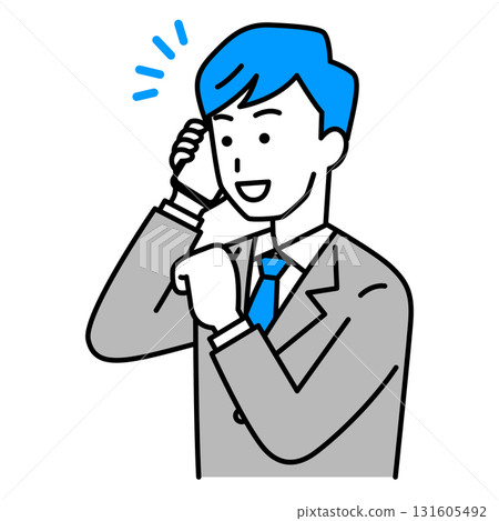 A man in a suit who is happy talking on a smartphone 131605492