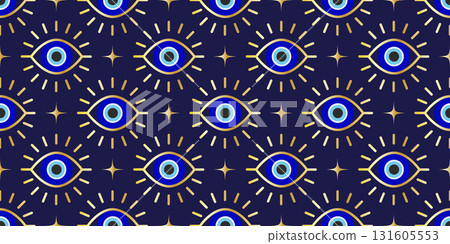 Evil eye seamless pattern. Turkish vector background with blue beads and magic nazar. Mystic Greek amulet is the symbol of protection and luck. Arabic and Mediterranean ethnic wallpaper Evil eye seamless pattern. Turkish vector background with blue beads and magic nazar. Mystic Greek amulet is the symbol of protection and luck. Arabic and Mediterranean ethnic wallpaper 131605553