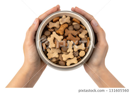 Human hands holding transparent bowl of dry brown dog food, pet care and nutrition concept isolated on transparent background Human hands holding transparent bowl of dry brown dog food, pet care and nutrition concept isolated on transparent background 131605560