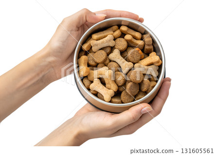 Hands with bowl filled with premium dog food, isolated on transparent background for pet product mockups, responsible pet ownership and feeding time concept Hands with bowl filled with premium dog food, isolated on transparent background for pet product mockups, responsible pet ownership and feeding time concept 131605561