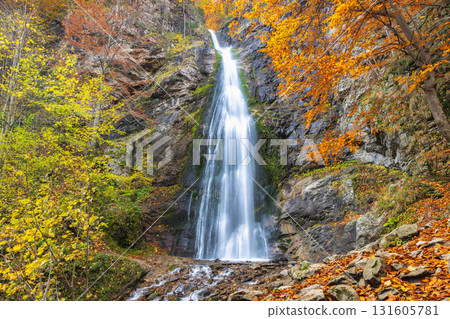 The Sutovsky waterfall in The Mala Fatra national park in Slovakia, Europe. Autumn Waterfall: Cascading water plunges down a rocky cliff surrounded by vibrant fall foliage. The Sutovsky waterfall in The Mala Fatra national park in Slovakia, Europe. Autumn Waterfall: Cascading water plunges down a rocky cliff surrounded by vibrant fall foliage. 131605781