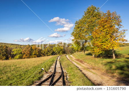 Railroad tracks wind through an idyllic autumn landscape under a clear blue sky with scattered clouds. 131605790