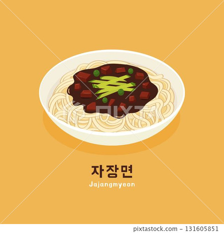 Korean Black Bean Noodles - Jajangmyeon with Sliced Cucumber in Bowl 131605851